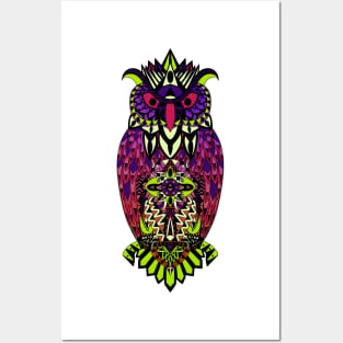 colorful mr owl in ecopop pattern aesthetic art Posters and Art